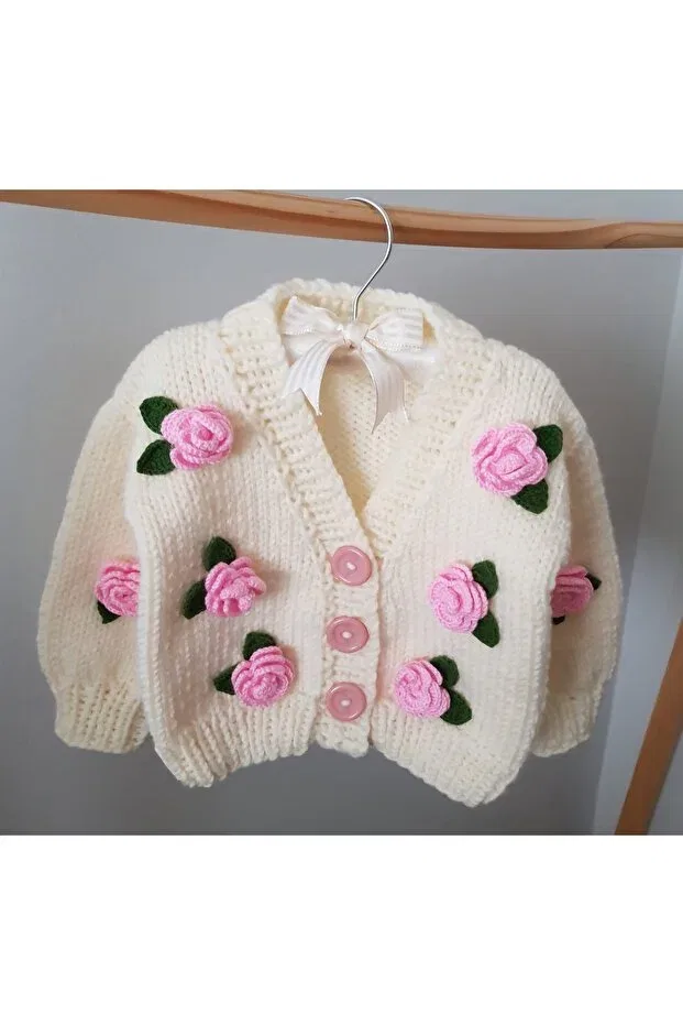 Детский кардиган с принтом Rose detailed hand knitted children's cardigan, flower detailed baby cardigan El Örgüsü, Pink