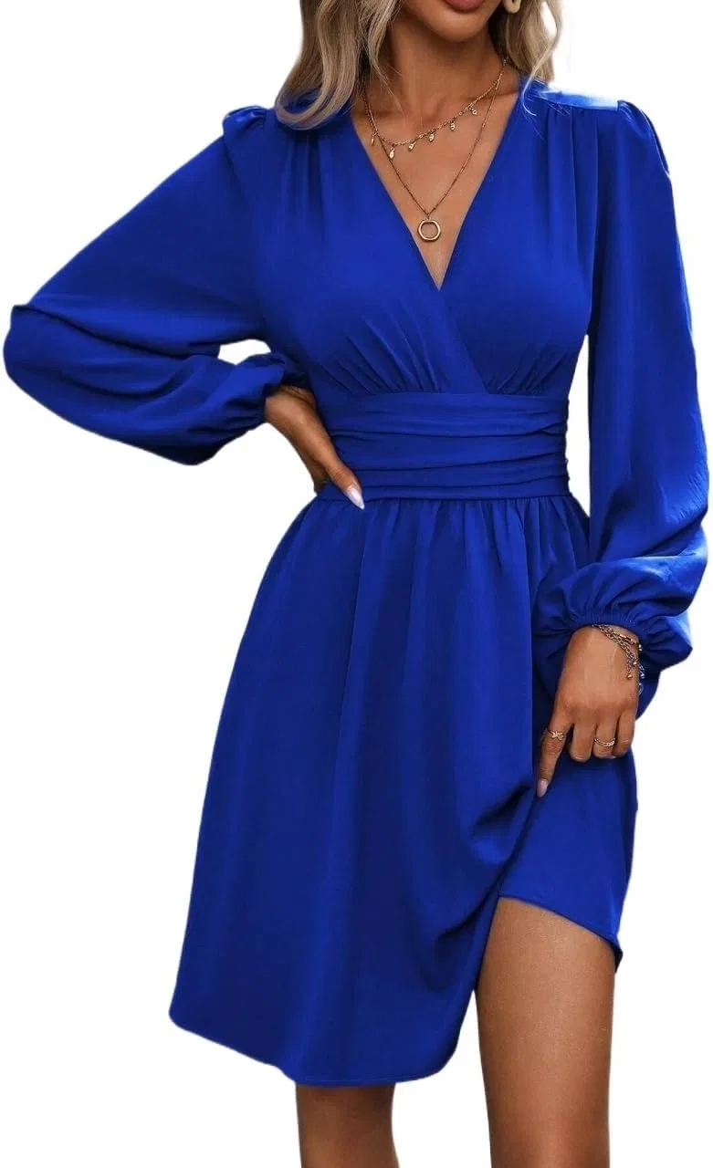 Женское летнее платье с V-образным вырезом и завышенной талией, Royal Blue