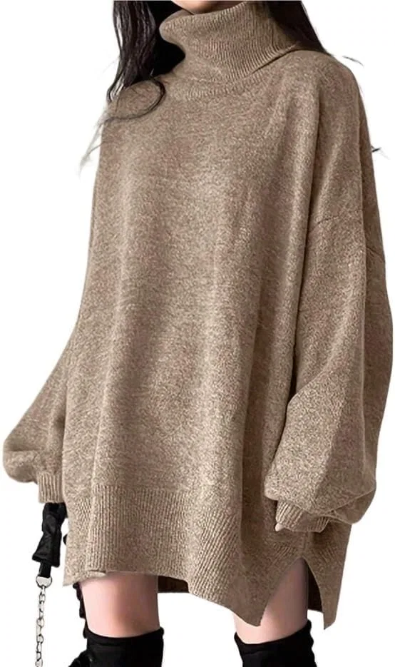 Женское свободное платье с высоким воротником свитерное Knitted, Camel