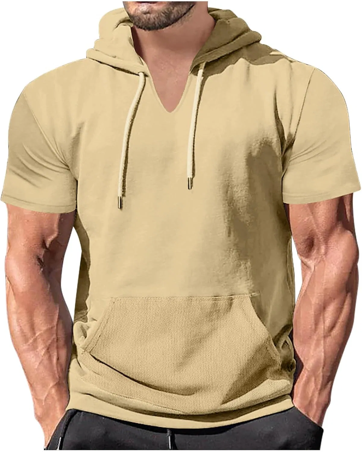 Мужская свободная футболка с капюшоном и карманом, Khaki