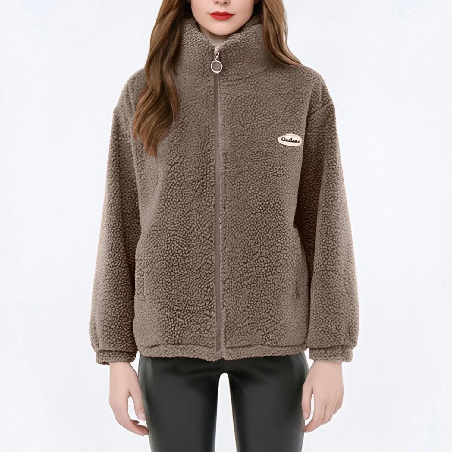 Женское зимнее пальто с воротником-стойкой из флиса, dark khaki — фото 3