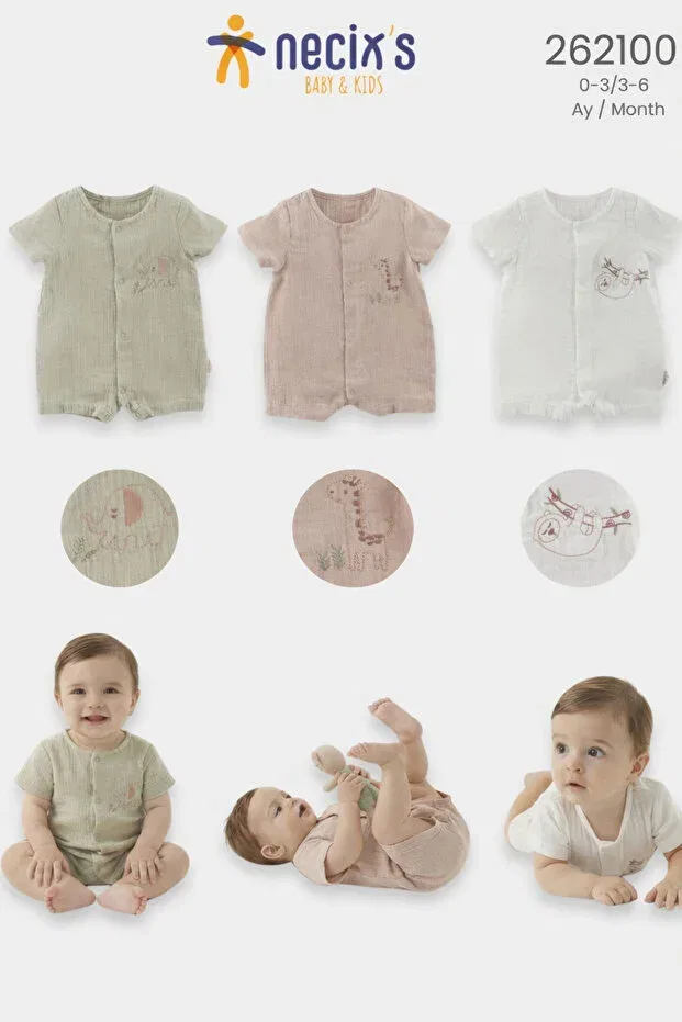 Детское боди-комбинезон с вышивкой Safari Friends Muslin Baby Rompers Set of 3 Necix'S, Multicolor — фото 3