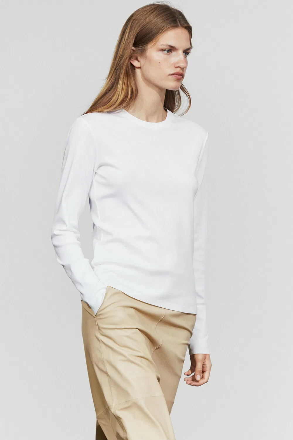 Лонгслив Massimo Dutti 100% Cotton, кремовый — фото 3