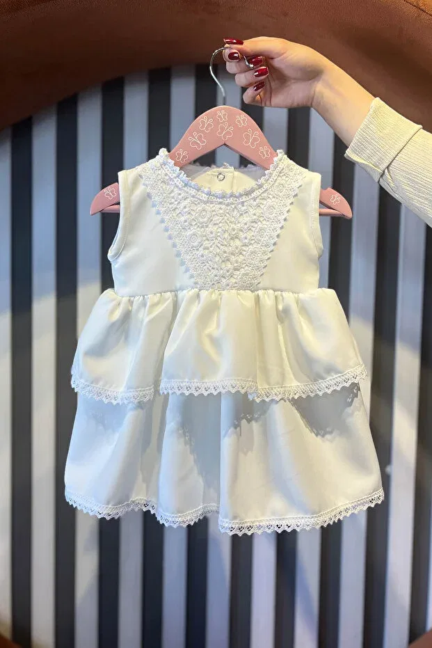 Детское платье для девочек кружевное Lace crepe dress for baby girl - layered skirt, mevlüt off white Bertuğ, Off-White — фото 2