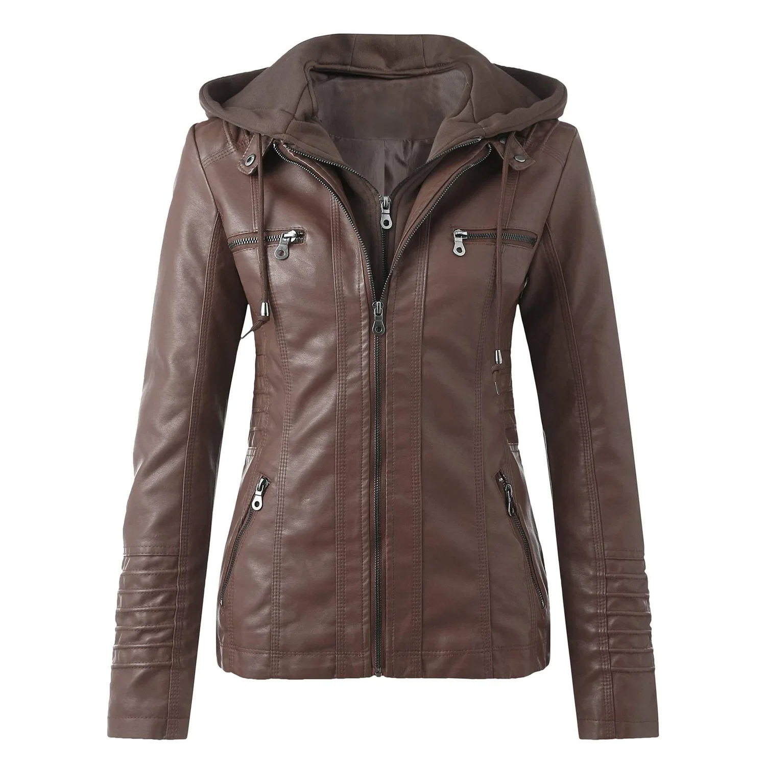 Женская куртка-косуха с капюшоном, длинным рукавом, приталенная, brown