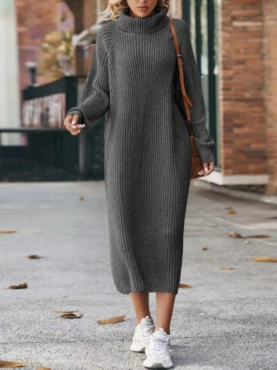 Женское вязаное платье свободное с круглым вырезом, Dark Gray — фото 2