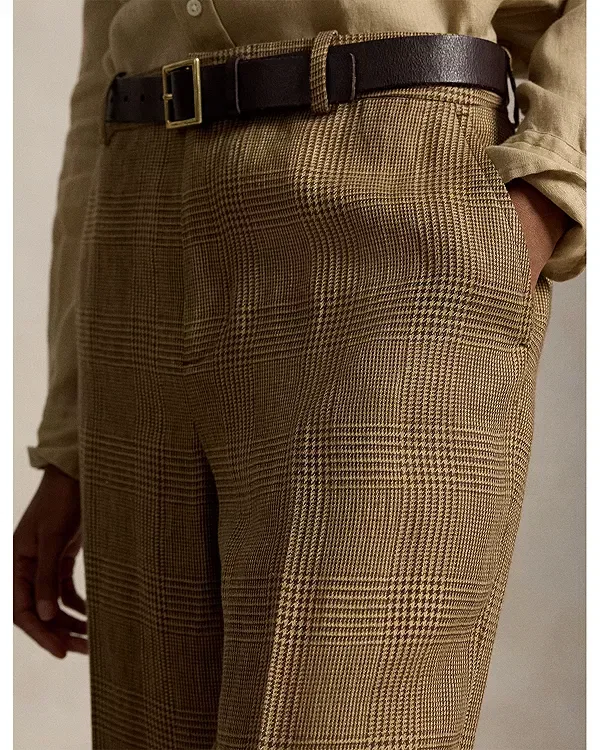 Женские брюки прямого кроя Glen Plaid Linen Relaxed Straight Pants Ralph Lauren, Brown/Tan — фото 4