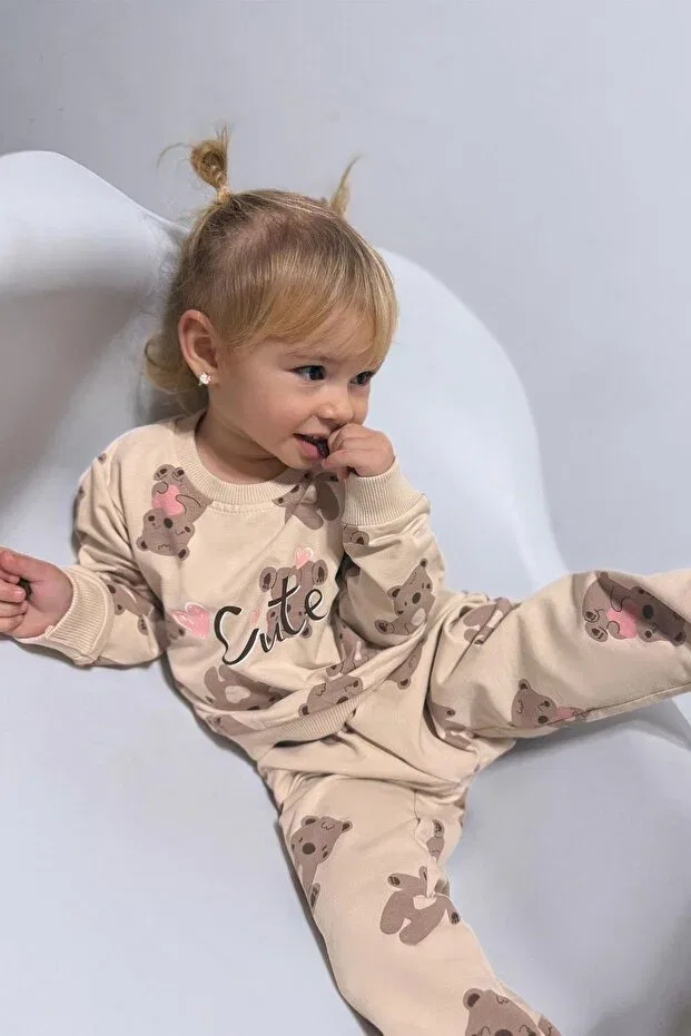 Детский спортивный костюм для девочек с принтом Happy Teddy Bear Breeze, Beige — фото 3