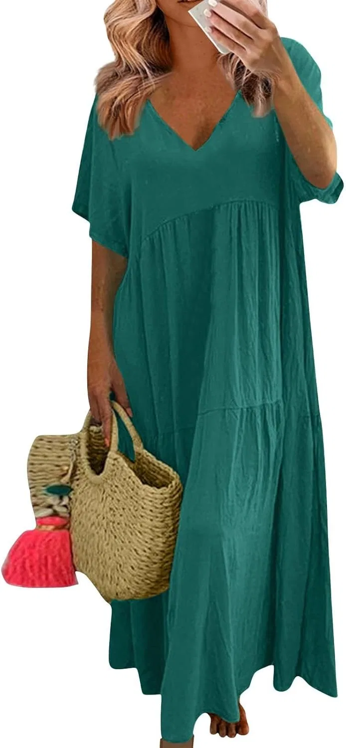 Женское макси-платье свободного кроя V-образным вырезом Cotton Linen, Dark Green