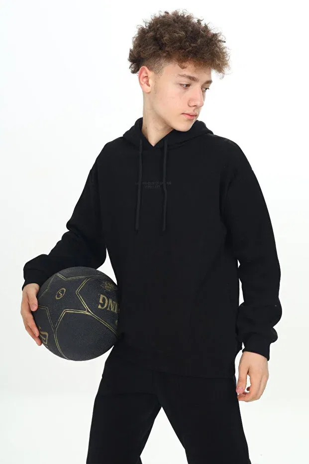 Детское худи для мальчиков с принтом Black Embossed Lettering Hooded Boys' Sweatshirt 19306 Cansın Mini, Black