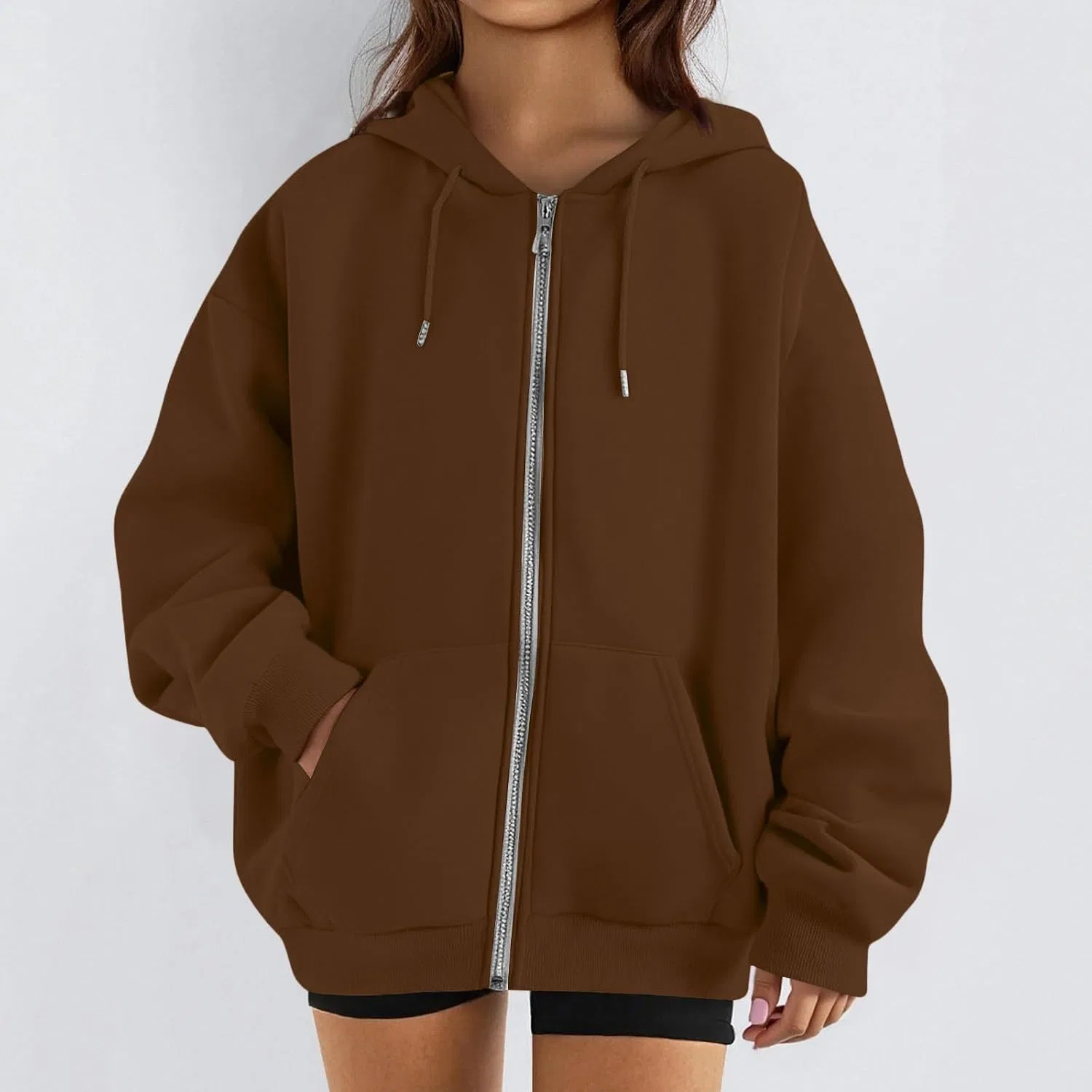 Женский спортивный комплект из худи и джоггеров, с молнией, K005- Brown — фото 4