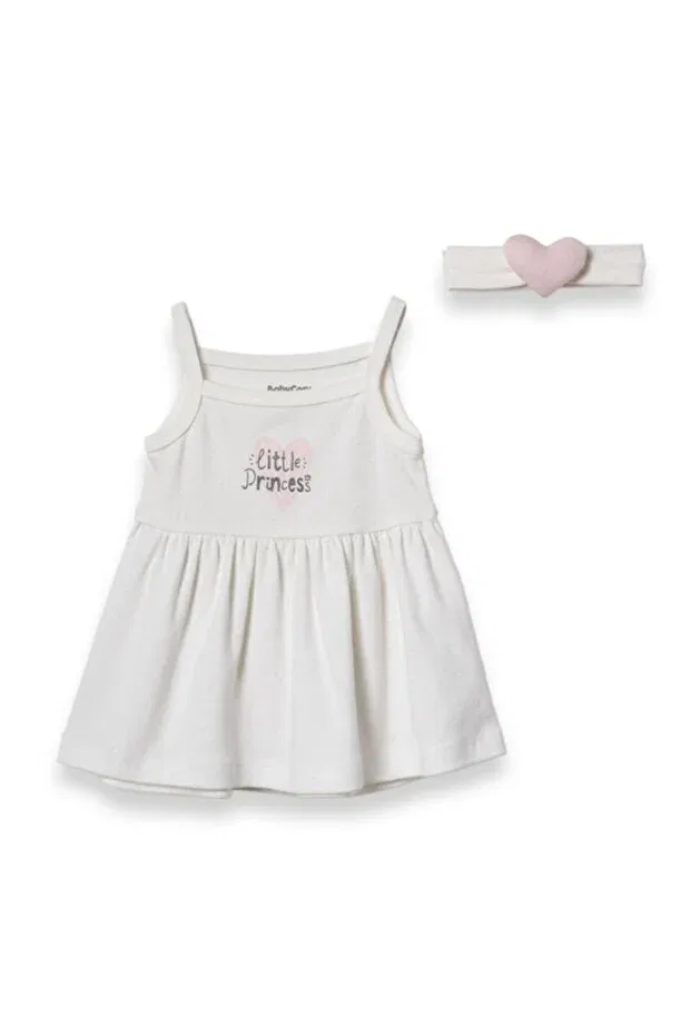 Детский комплект платье и повязка на голову для девочек с принтом Little Princess Summer Baby Dress Set Babycosy Organic Wear, Ecru