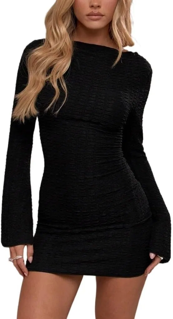 Женское облегающее мини-платье с текстурой Boat Neck Long Sleeve, Black