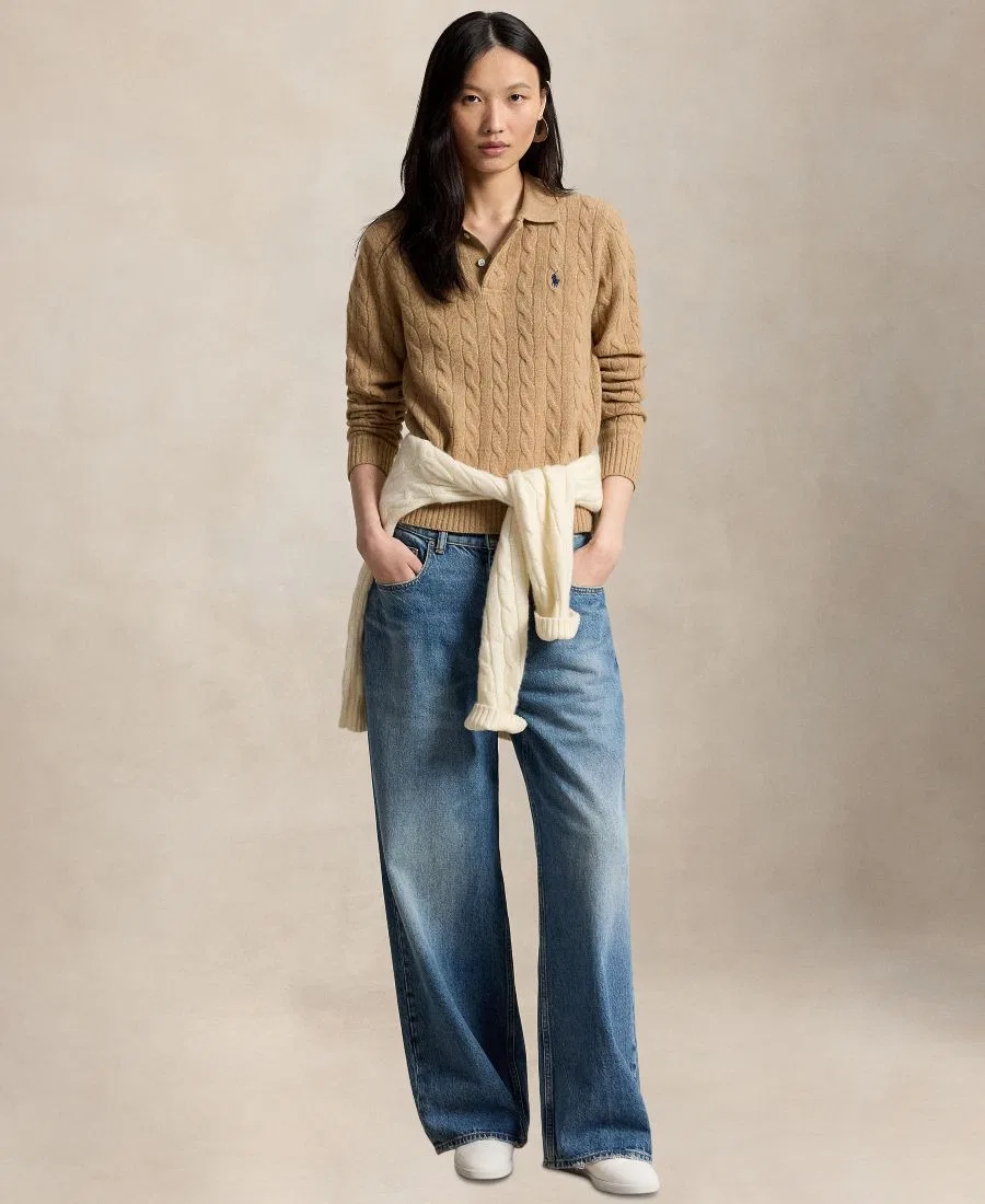 Женский свитер с кабельным узором и длинным рукавом, воротник-поло Polo Ralph Lauren, Collection Camel Melange — фото 2
