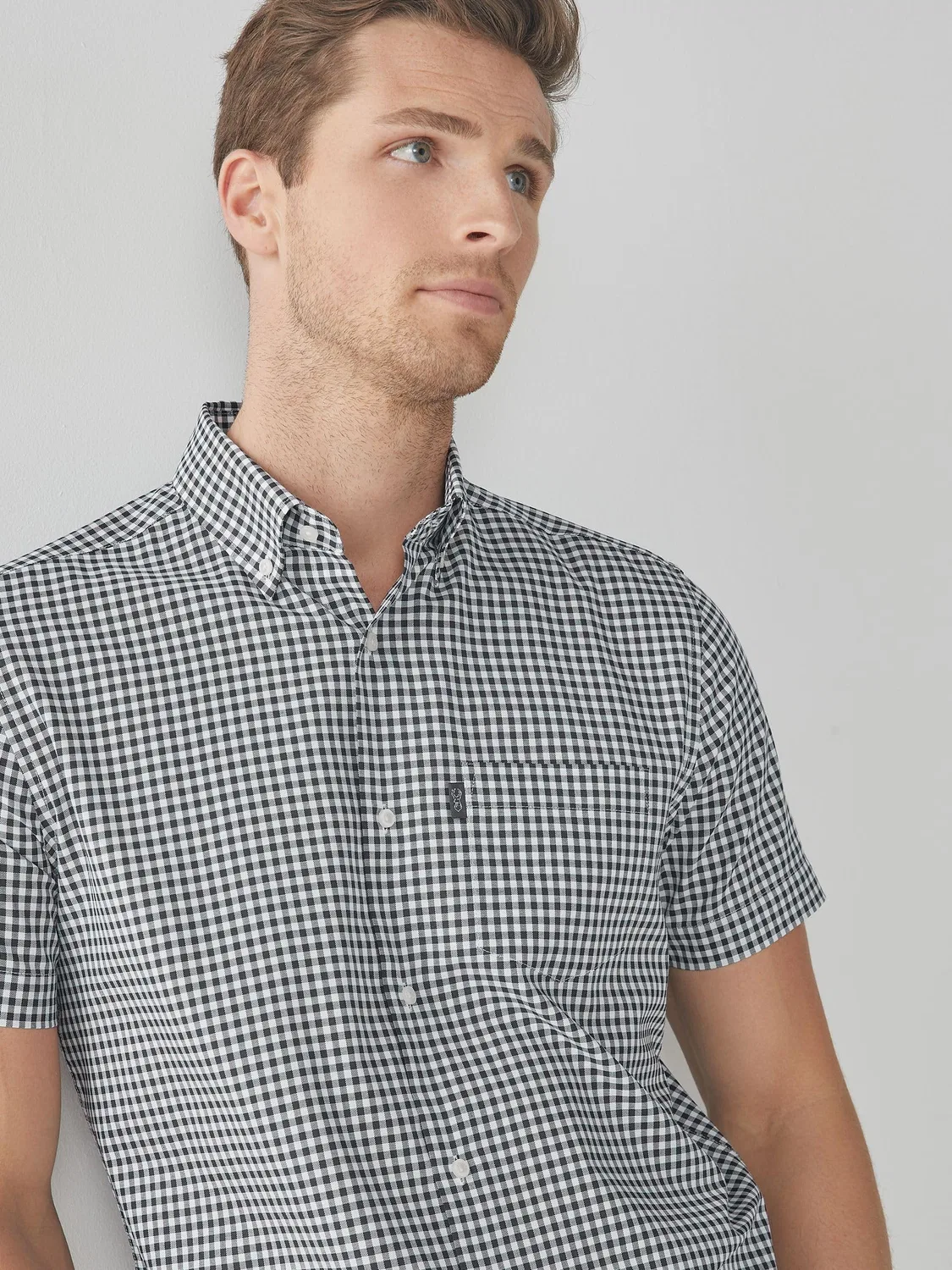 Мужская рубашка оксфорд с коротким рукавом Regular Fit NEXT, Navy Blue/White Gingham Check — фото 3