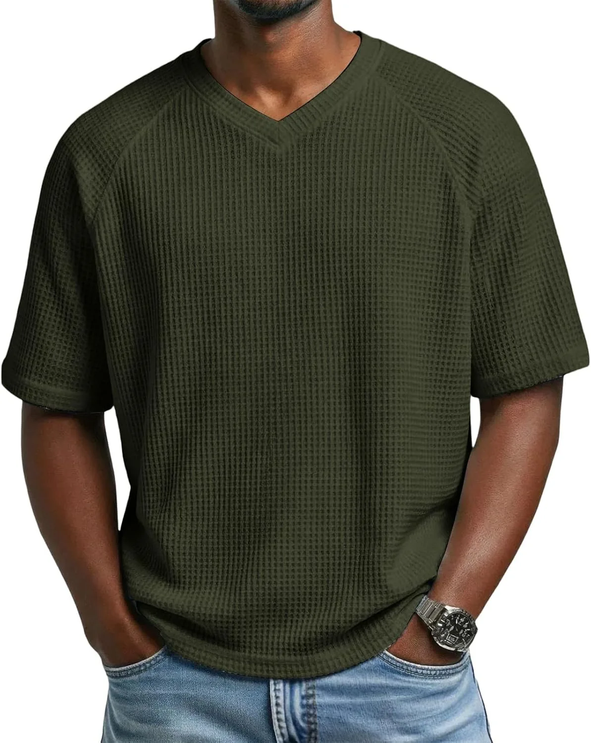 

Мужская футболка V-образного выреза с коротким рукавом, свободного кроя, однотонная