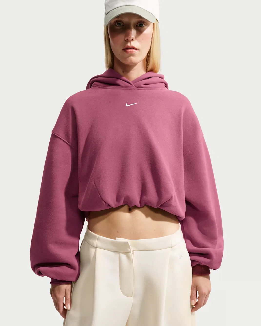 Женская укороченная толстовка оверсайз Nike Studio Fleece Medium Weight, Pink Smoke/Sail — фото 3