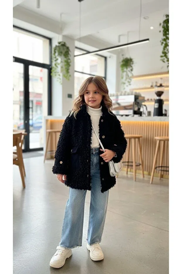 Детское пальто для девочек плюшевое Curly patterned girl's plush coat - waiter boy Hc Kids Wear, Black — фото 2