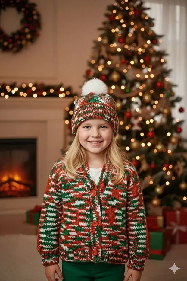 Детский кардиган с косами Hand knitted colorful new year christmas christmas unisex El Örgüsü Cici Bebe, Colored