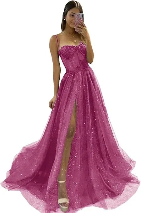 Женское вечернее платье с пайетками на бретелях A-line, Fuchsia