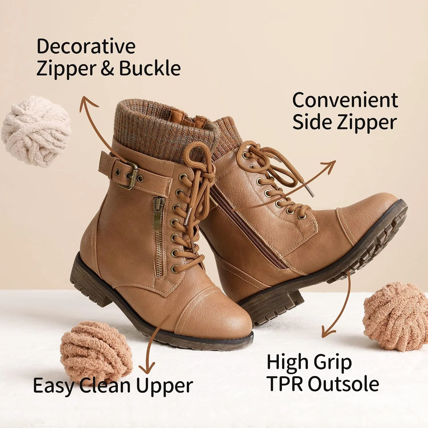 Детские ботинки для девочек с меховой подкладкой Combat Lace up DREAM PAIRS, Camel — фото 4