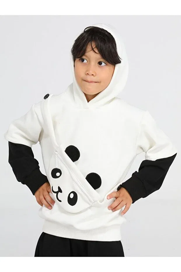 Детское худи для мальчиков с принтом Panda Unisex Cream Sweatshirt With Mobile Bag Casabony, Nude Color