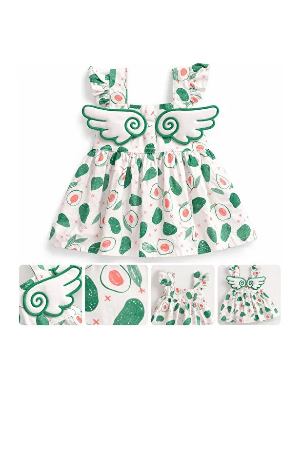 Детское платье для девочек с принтом Avocado patterned wing figured Mika Bebek & Çocuk, Green White — фото 3