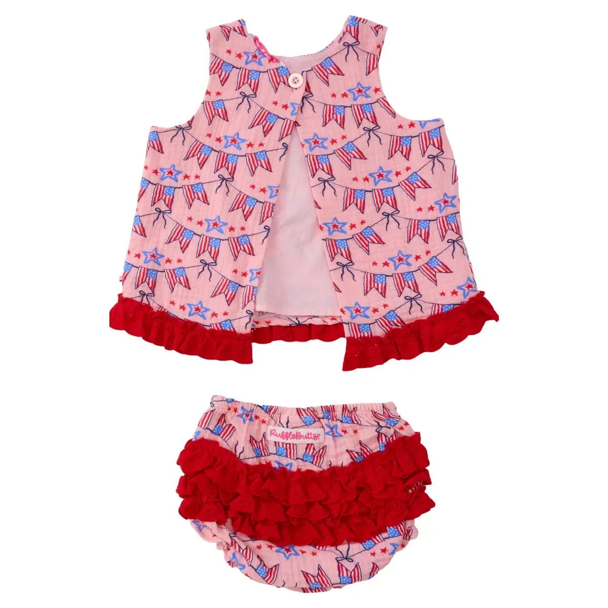 Детский комплект для девочек из хлопковой марли с моделью Clover Bows & Wishes RuffleButts, American Sweetheart — фото 2