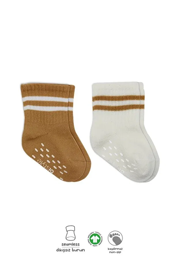 Детские носки для новорожденных полосатые 2-пак Organic baby girl and boy 2-piece non-slip combed cotton socks with hoops Bistyle, Hardal Ekru