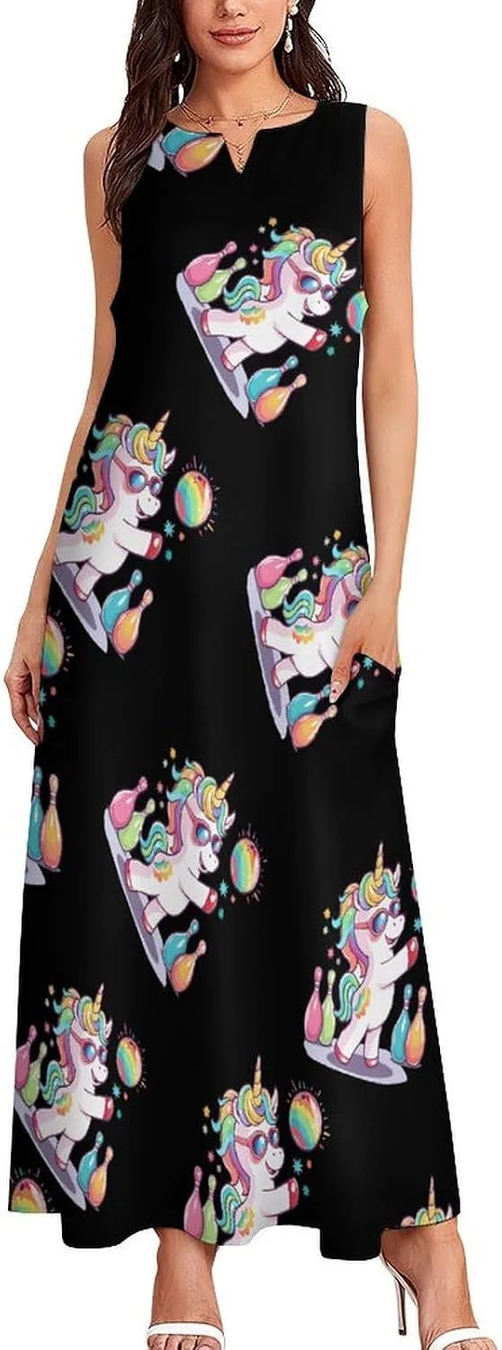 Женское длинное платье без рукавов с принтом единорога Unicorn Bowling, Style — фото 3