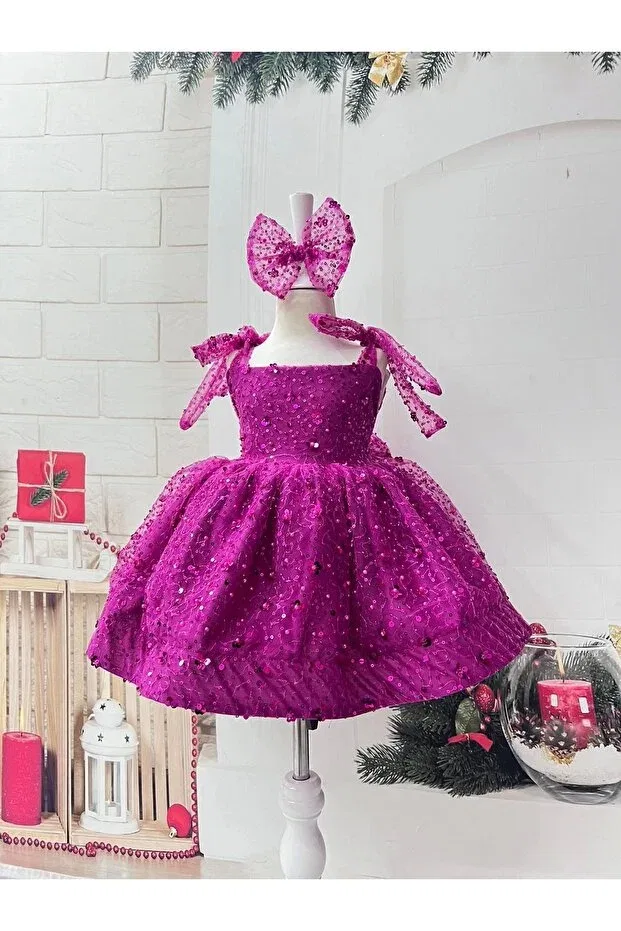 Детское платье для девочек с пайетками Fuchsia Sparkly Sequined Girls' Dress Nissa, Fuchsia — фото 3
