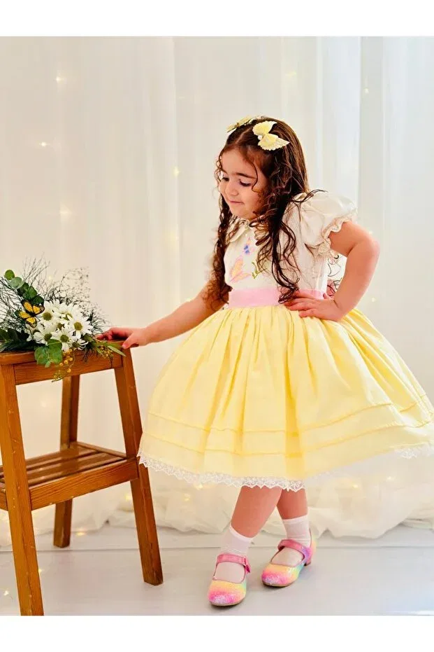 Детское платье для девочек с кружевом Vintage baby girl dress with yellow embroidery, birthday, photo shoot dress Linarookids, Sarı — фото 4