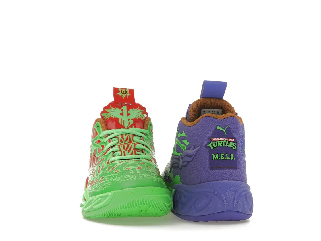 Детские кроссовки для мальчиков баскетбольные Puma LaMelo Ball MB.04 Teenage Mutant Ninja Turtles Raphael and Donatello (GS), Fluro Green Pes/Puma Red/Dark Amethyst — фото 2