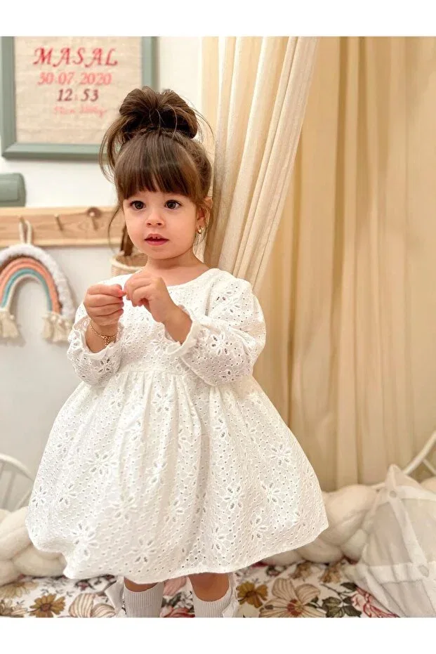 Детское платье для девочек с принтом Off-White floral patterned lace fabric long-sleeved girl's dress with bow detail for baby girls Penu Baby Kids, Ecru — фото 3