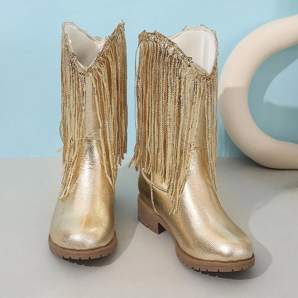 Детские зимние сапоги для девочек с кисточками и пайетками Princess Boots Auhoho, Gold — фото 3