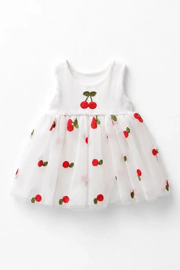Детское платье для девочек хлопковое Cherry Detailed Tulle Snap-On Dress Muhino, White — фото 2