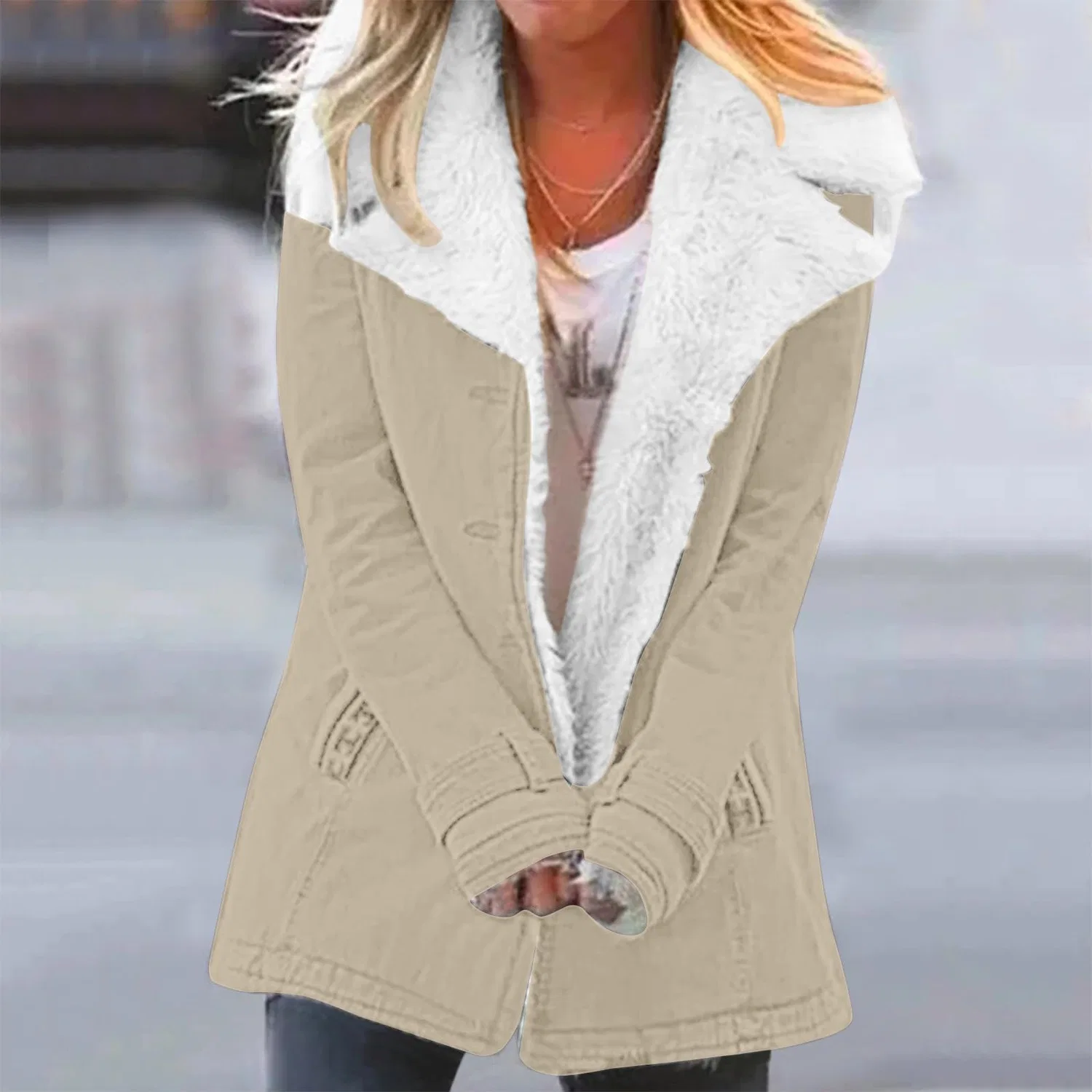 Женская куртка оверсайз с капюшоном из флиса с длинным рукавом, beige — фото 3
