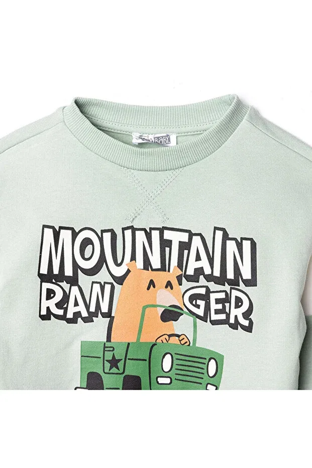 Детский комплект спортивного костюма для мальчиков с принтом Crew Neck Long Sleeve Ribbed Ebebek Hello Baby, Green — фото 3