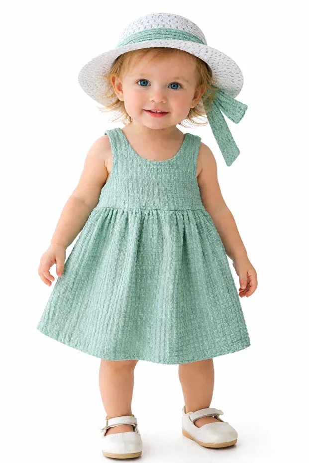 Детский комплект платье и головной убор с бантом Sweet baby girl style dress with hat and bow detail Chicsy Baby, Water Green
