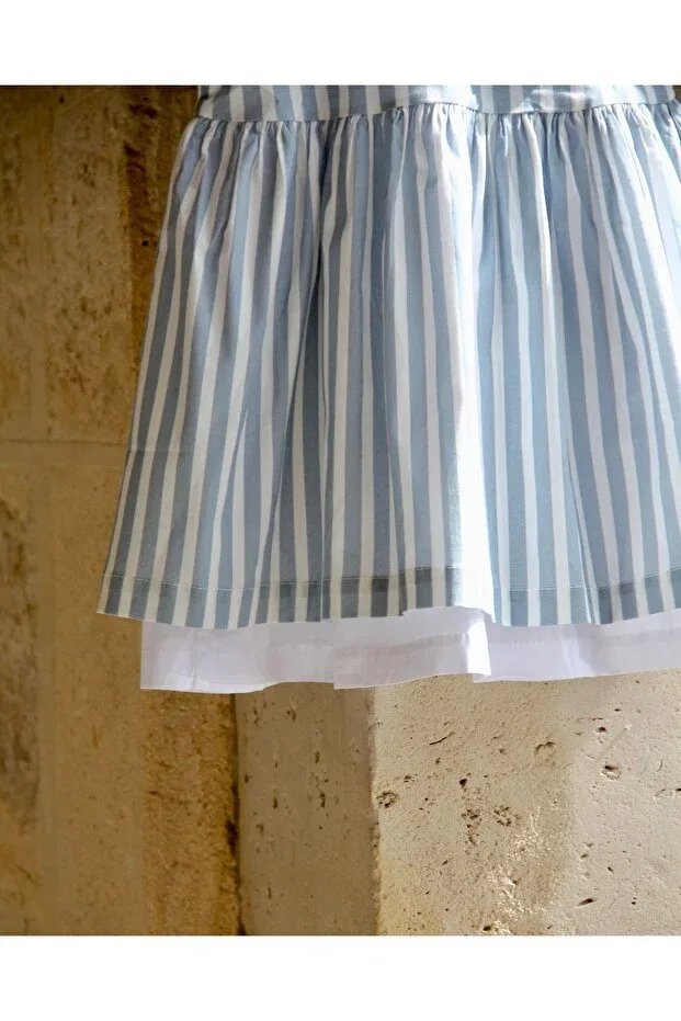 Детское платье для девочек с принтом Léonie blue striped double layer collar dress Perlounie, Blue White — фото 2