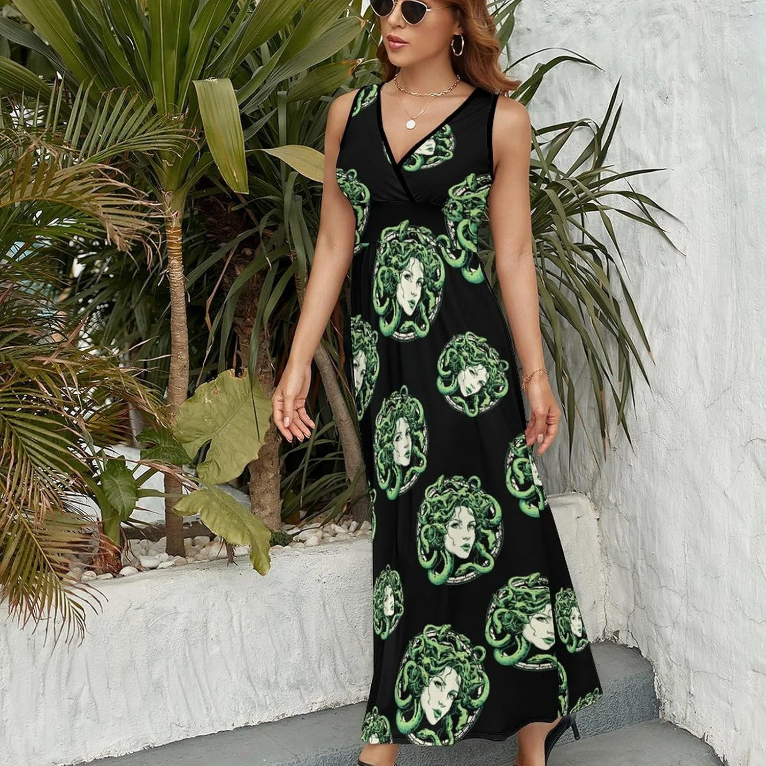 Женское макси-платье без рукавов с V-образным вырезом Medusa Green Snakes, Style-28 — фото 3