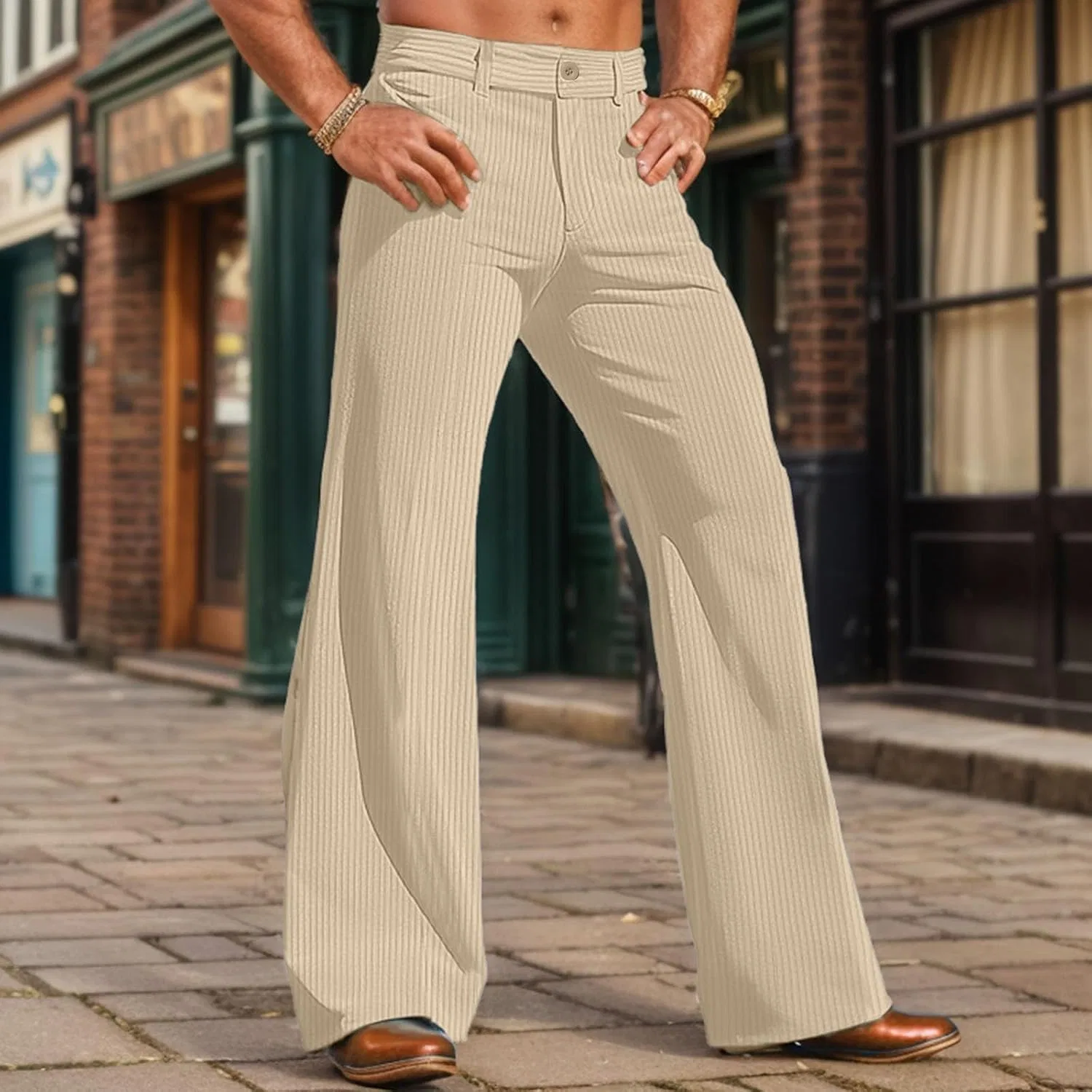 Мужские брюки клеш из вельвета, Slim Fit, хаки — фото 2