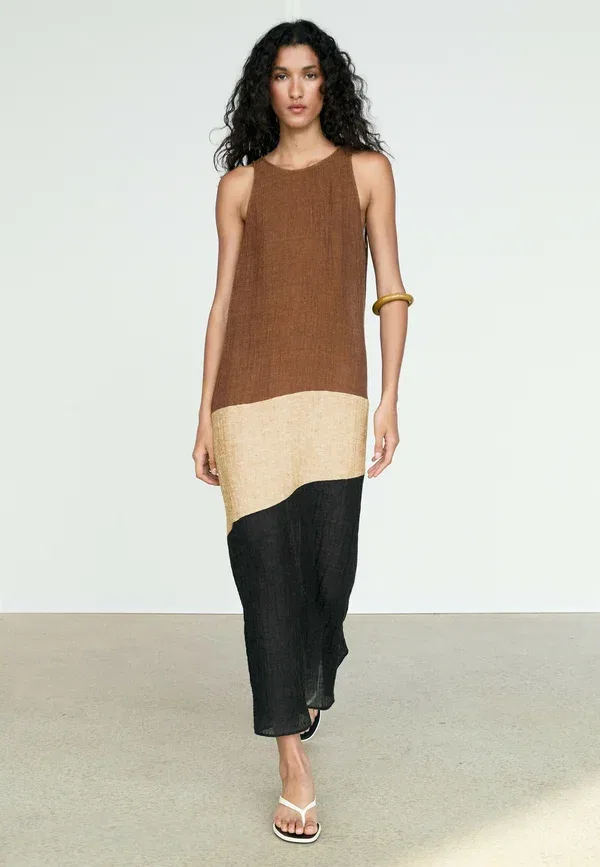 Платье длинное из льна Maxi dress Massimo Dutti, темно-коричневый