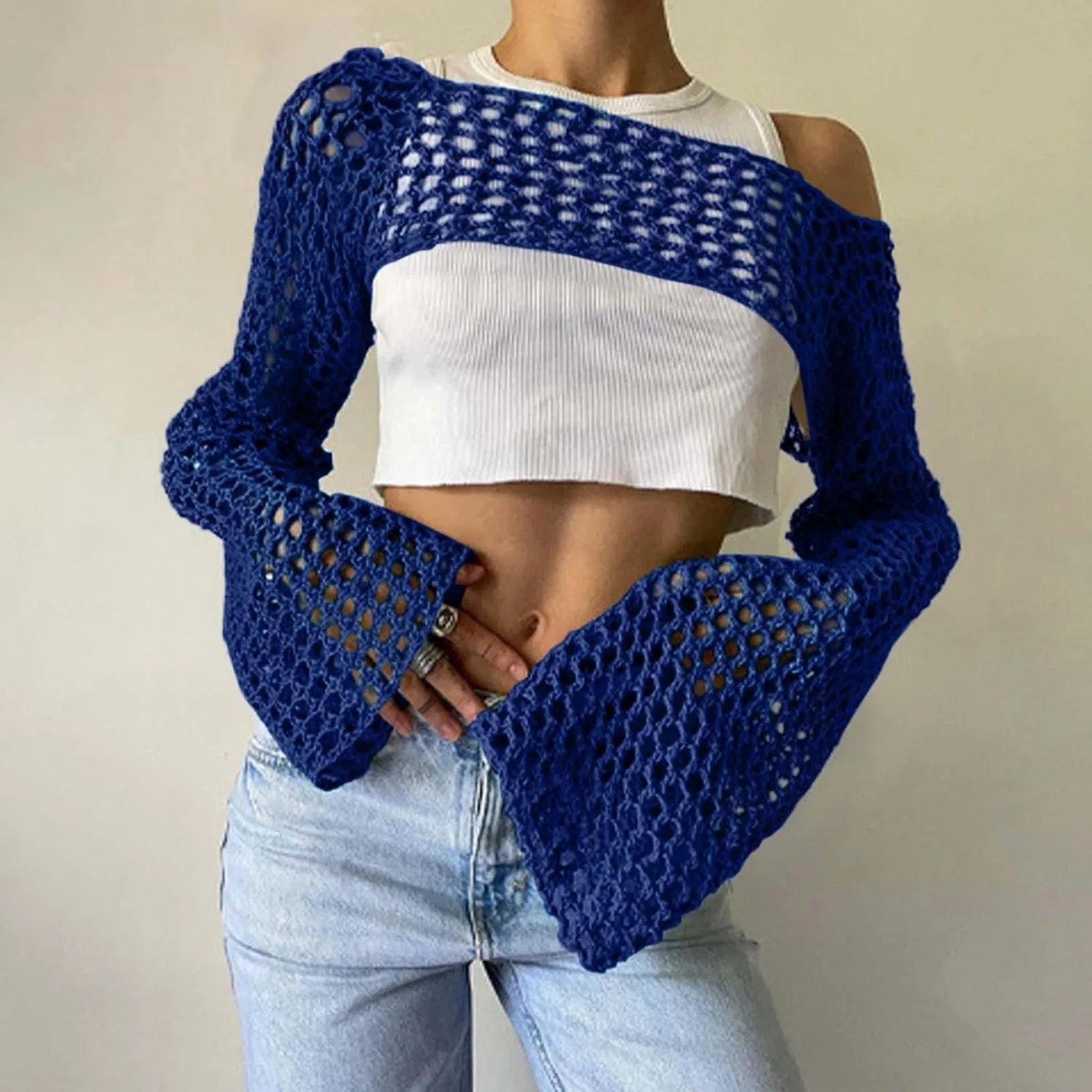 Женская пляжная накидка кружевная вязаная с круглым вырезом, Blue — фото 2