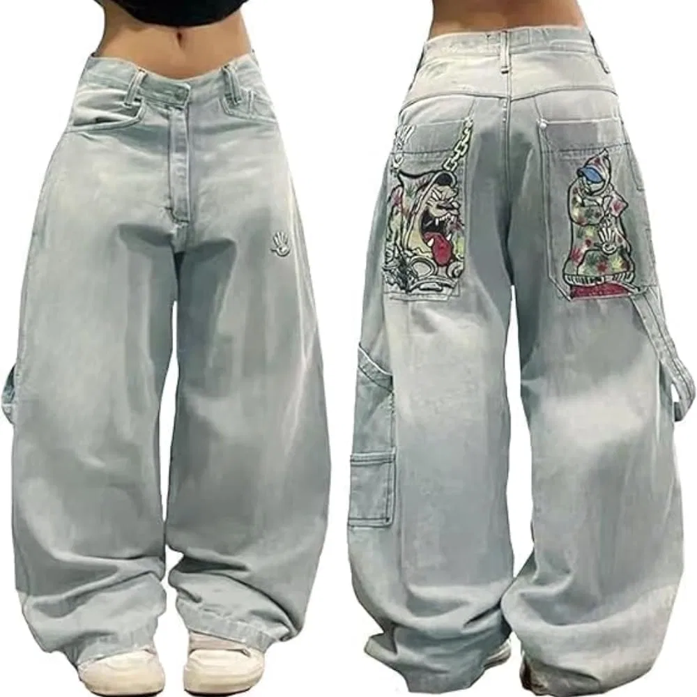 Женские джинсы с принтом скелета Y2k Hip Hop Goth Street Vintage High Waist Denim Wide Leg Trousers, Color-2