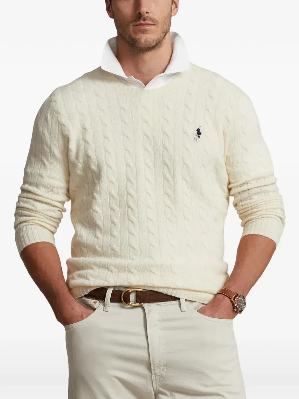 Свитер фактурной вязки с круглым вырезом Polo Ralph Lauren, бежевый — фото 3