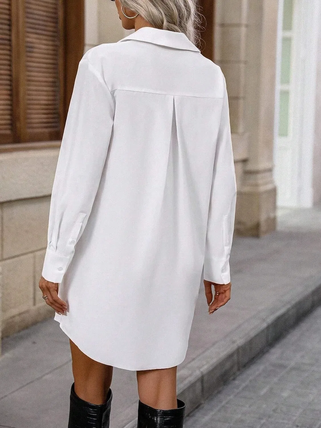 Женское свободное платье-рубашка с длинным рукавом, White — фото 3