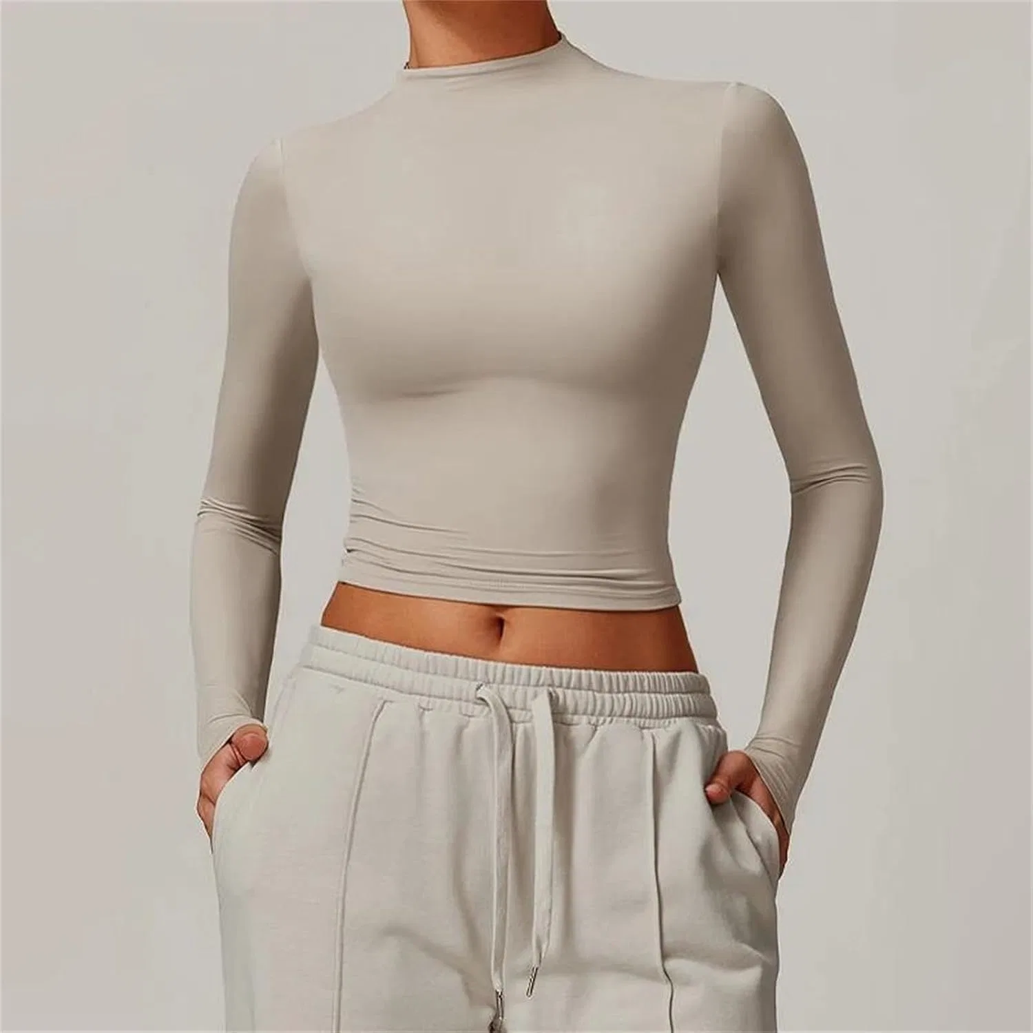 Женская спортивная футболка с длинным рукавом для йоги и бега, Light Khaki — фото 2