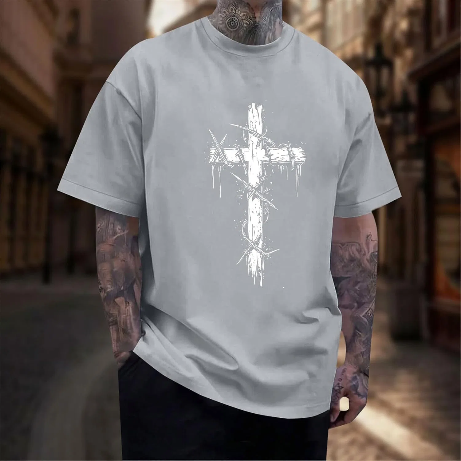 Мужская футболка с принтом креста Christian, Light Ashy — фото 2