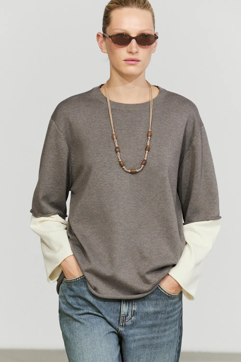 Свитер Massimo Dutti Oversize Knit With Double Sleeve Detail, темный хаки